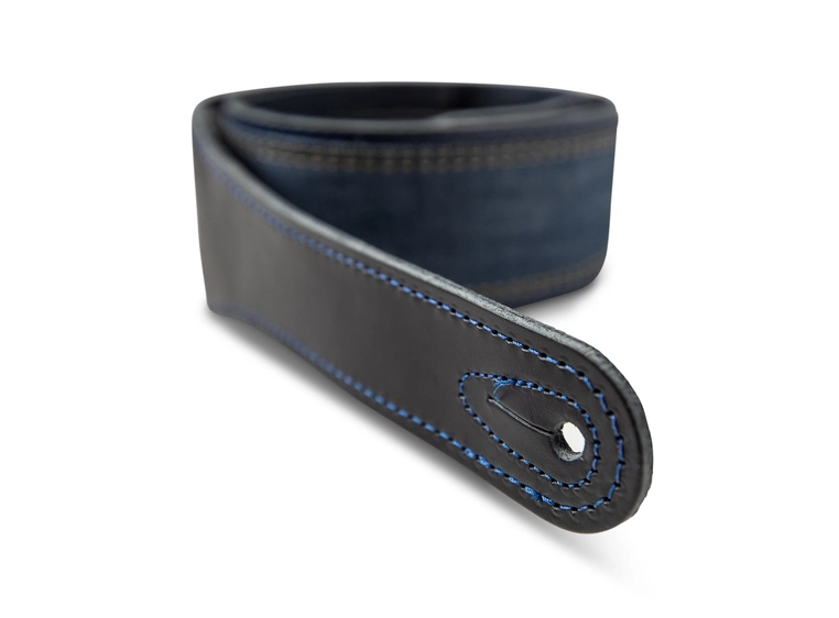 Taylor Blue Denim Strap Navy Leather Edges, 2.5" Embossed Logo 