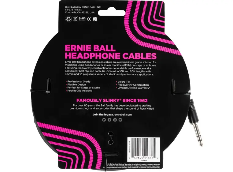Ernie Ball 6423 Headphone Ext. Cable 6m, 3.5 mm hunn - 6.3 mm hann 