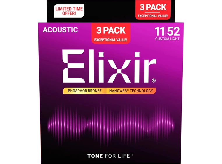 Elixir Nanoweb Ph Bronze Custom Light (011-052) 3-Pack 16568 