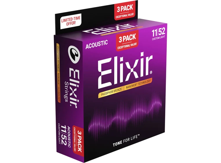 Elixir Nanoweb Ph Bronze Custom Light (011-052) 3-Pack 16568 