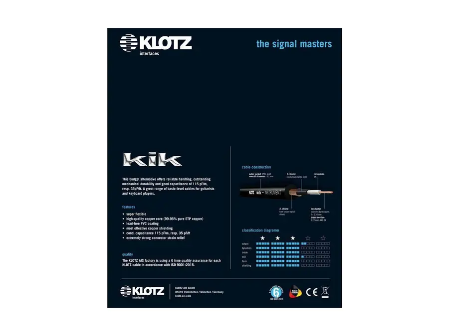 Klotz gitarkabel 6 m sort 