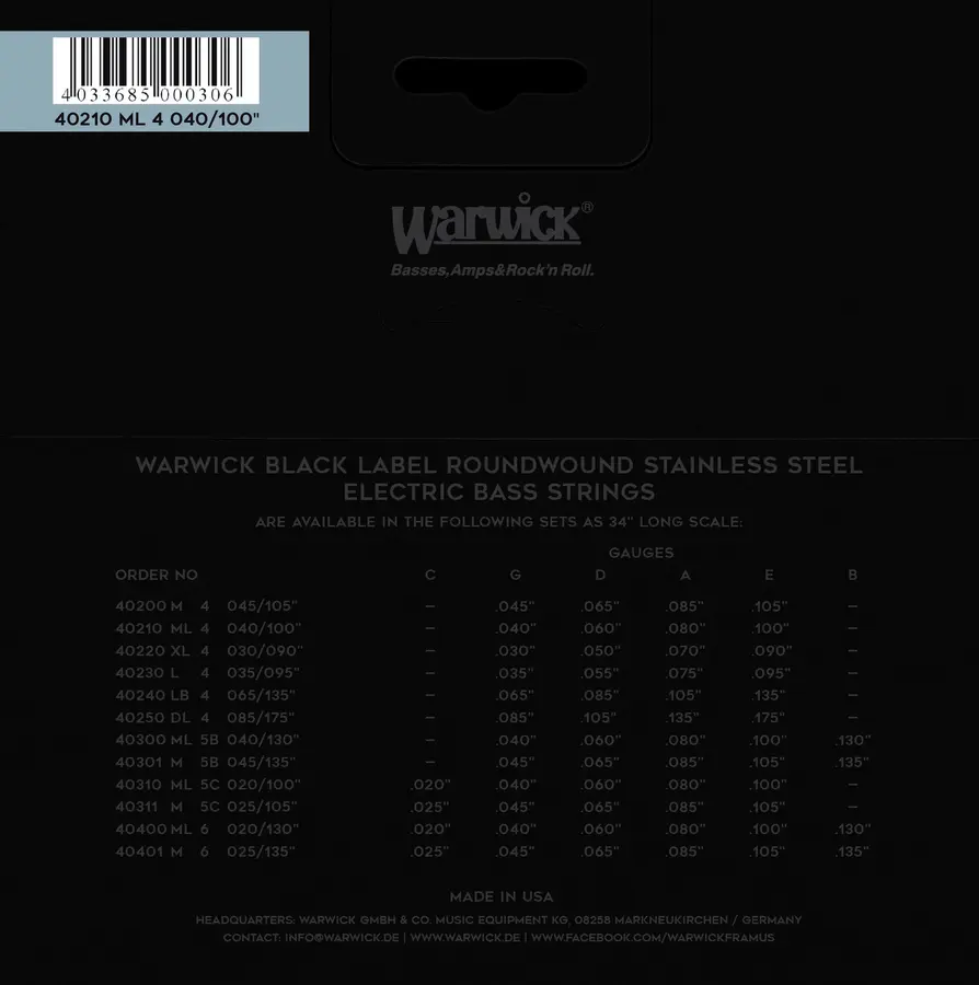Warwick Black Label Bass String Set (040-100) S.Steel - 4-Str, Medium Light 