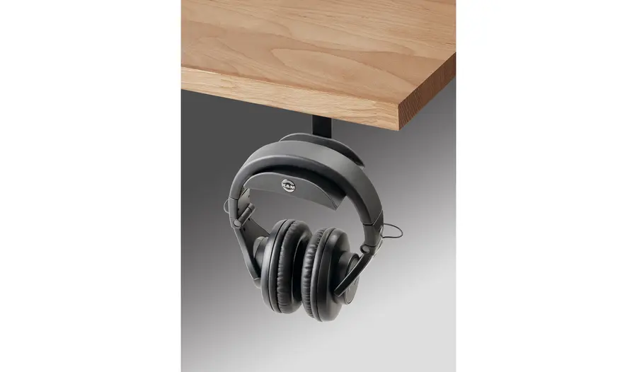 K&M 16330 Headphone holder, Black that can be mounted under a table 