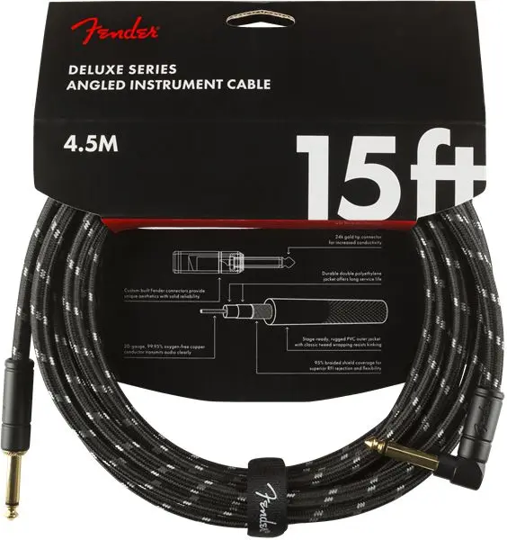 Fender Deluxe Series Instrument Cable Straight/Angle, 15' Black Tweed 