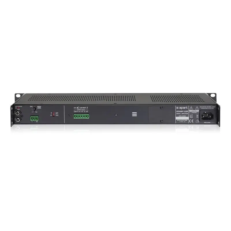 Apart Forsterker, klasseD 1x120W@100V eller @4Ohm, vifteløs, 1U, 19" 