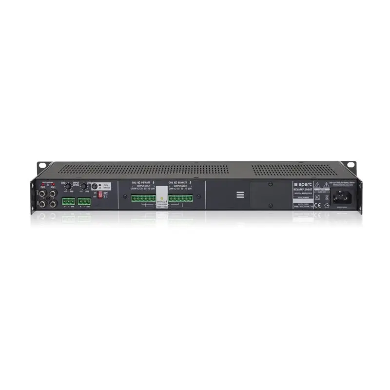Apart Forsterker 2x60W@100V/4Ohm, 1x120W@100V/8Ohm), vifteløs, 1U, 19" 