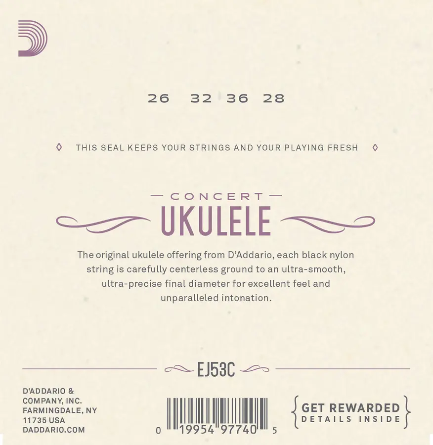 D'Addario EJ53C Strengesett Ukulele Concert Hawaiian Black Nylon 