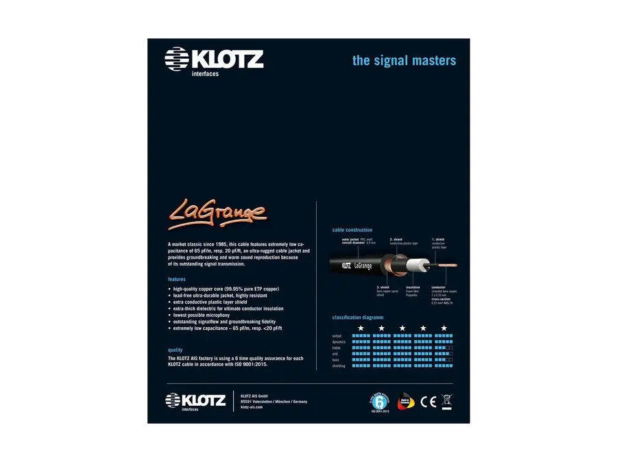 Klotz LaGrange supreme guitar cable gold tip str.-angl. 6m 