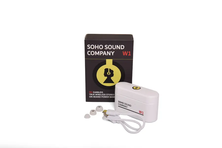 Soho W1 Trådløse øreplugger med innebygd powerbank, White City House 