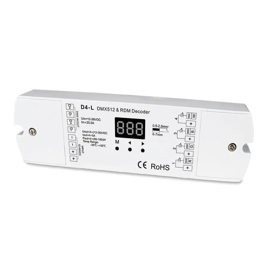 SBL LED driver for RGBW strip, DMX Maks 5A, 4 kanaler. 12-24VDC inn 
