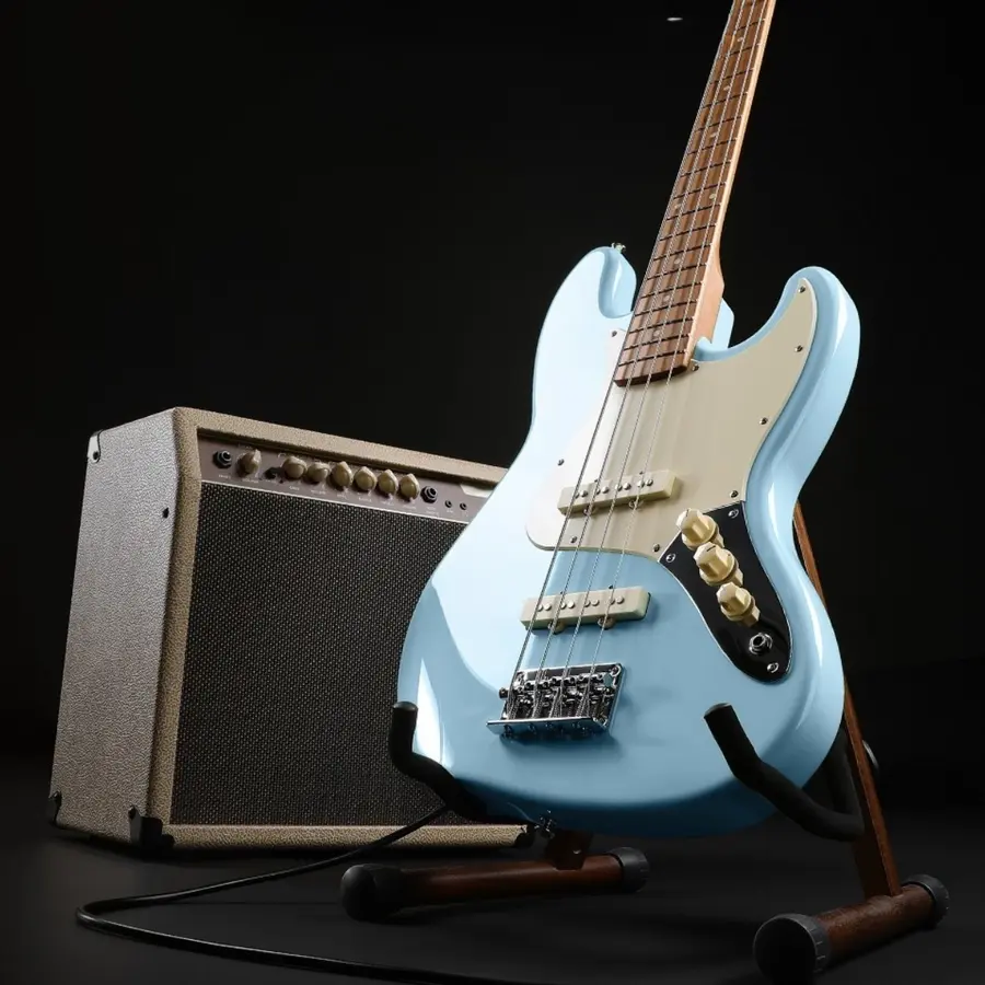 Donner Seeker Deluxe Bass, Sonic Blue Electric Bass Package 