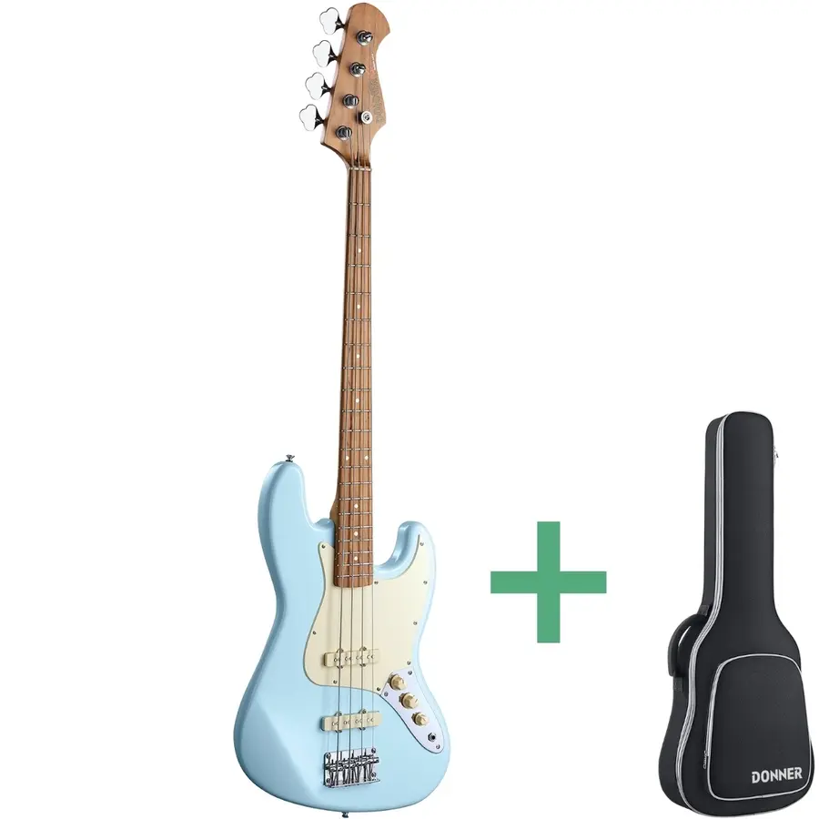 Donner Seeker Deluxe Bass, Sonic Blue Electric Bass Package 